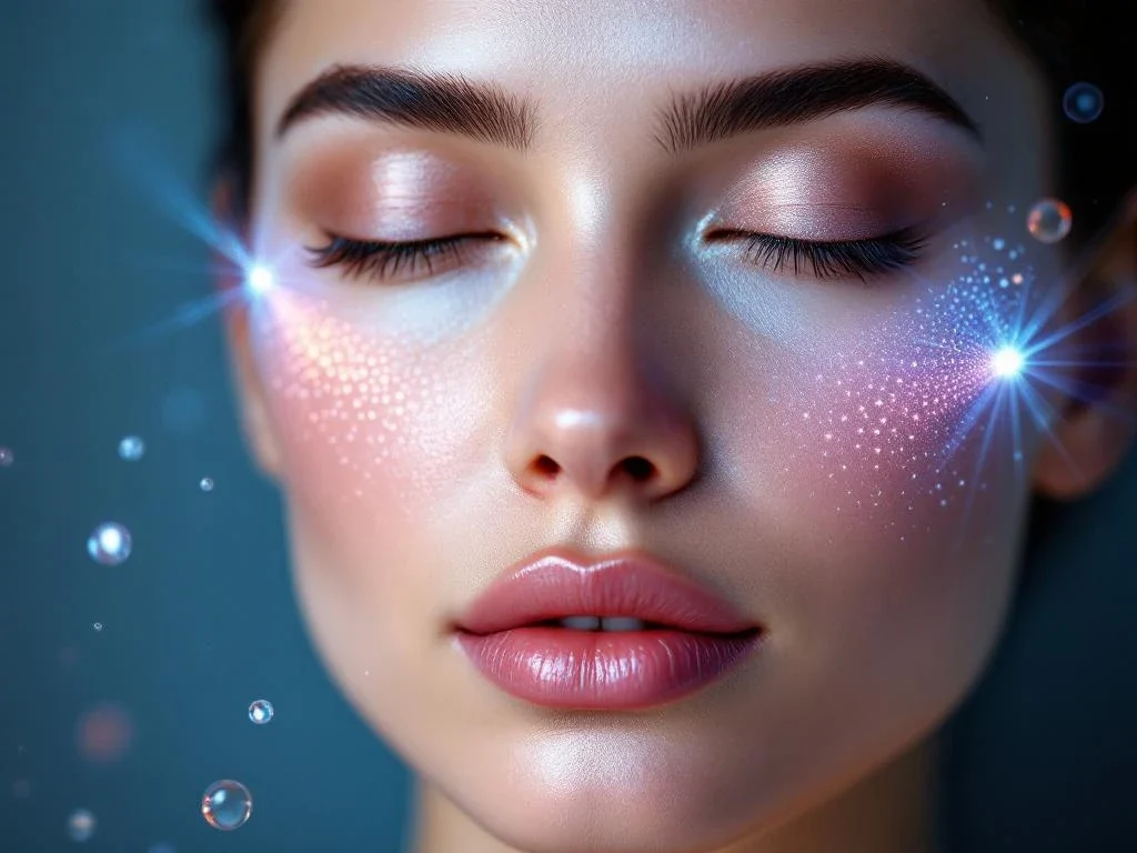 Stralende huid met LED-lichttherapie, microneedling en serumdruppels voor professionele huidverzorging