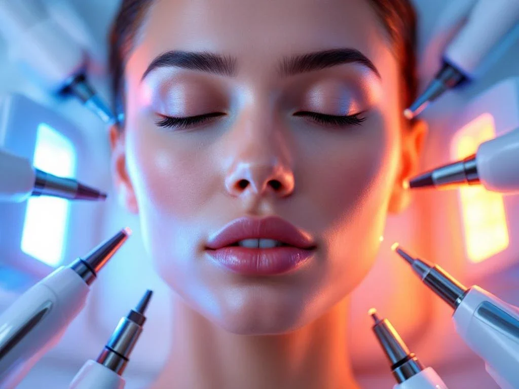 Stralende huid omringd door professionele medische esthetiekbehandeling apparatuur met LED-lichttherapie en laserapparatuur
