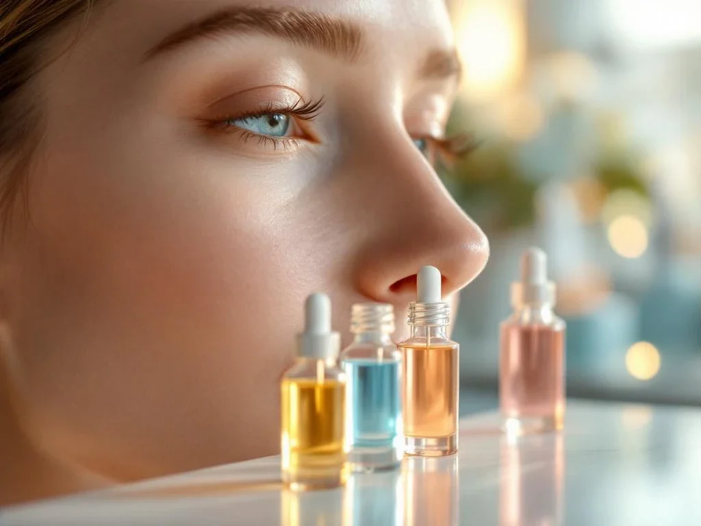 Stralende huid close-up met vijf glazen serumflesjes in trappatroon, medische esthetiek behandeling concept