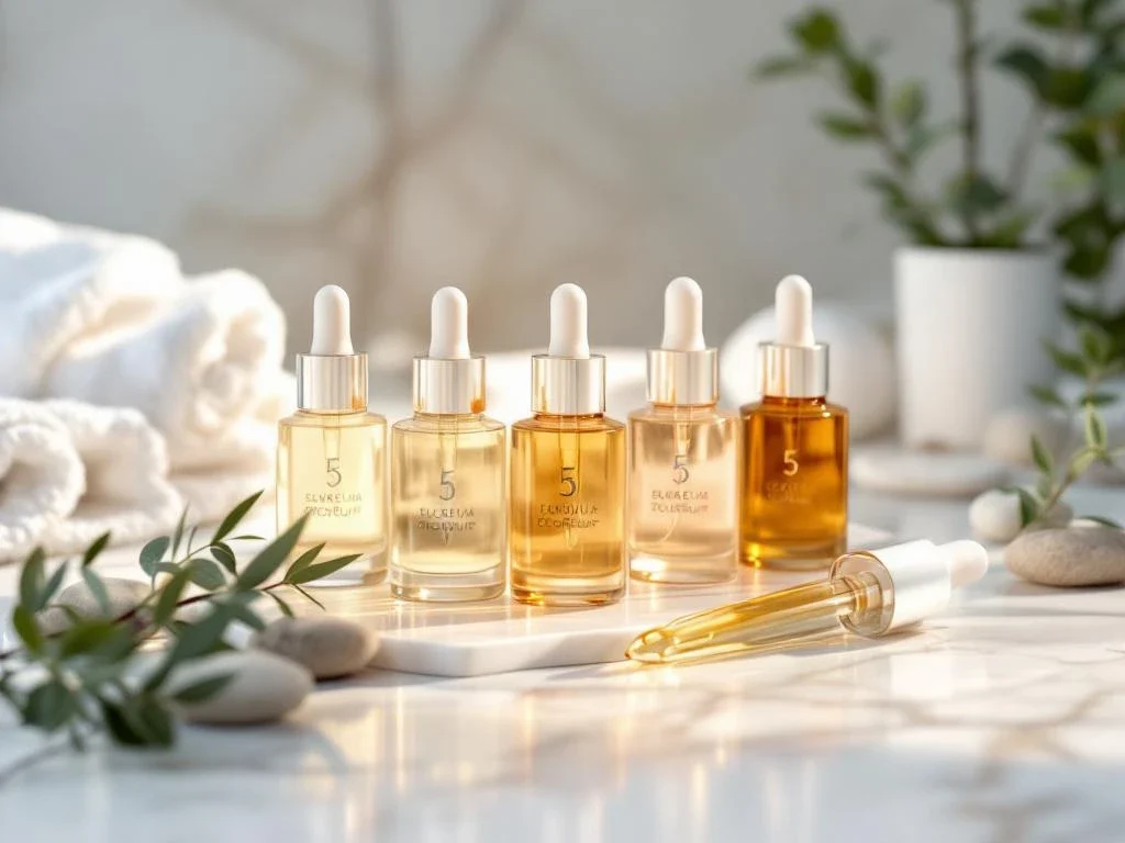 Vijf glazen druppelflesjes met amber en parelkleurige serums gerangschikt op wit marmer met spa-elementen