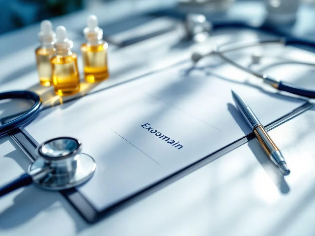 Medisch consult bureau met klembord, gouden exosoom serum flesjes, stethoscoop en pen in klinische setting