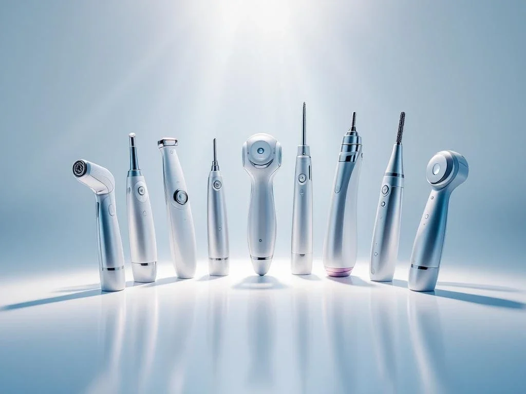 Zeven geavanceerde medische esthetische apparaten in halve cirkel op witte ondergrond met zachte klinische verlichting