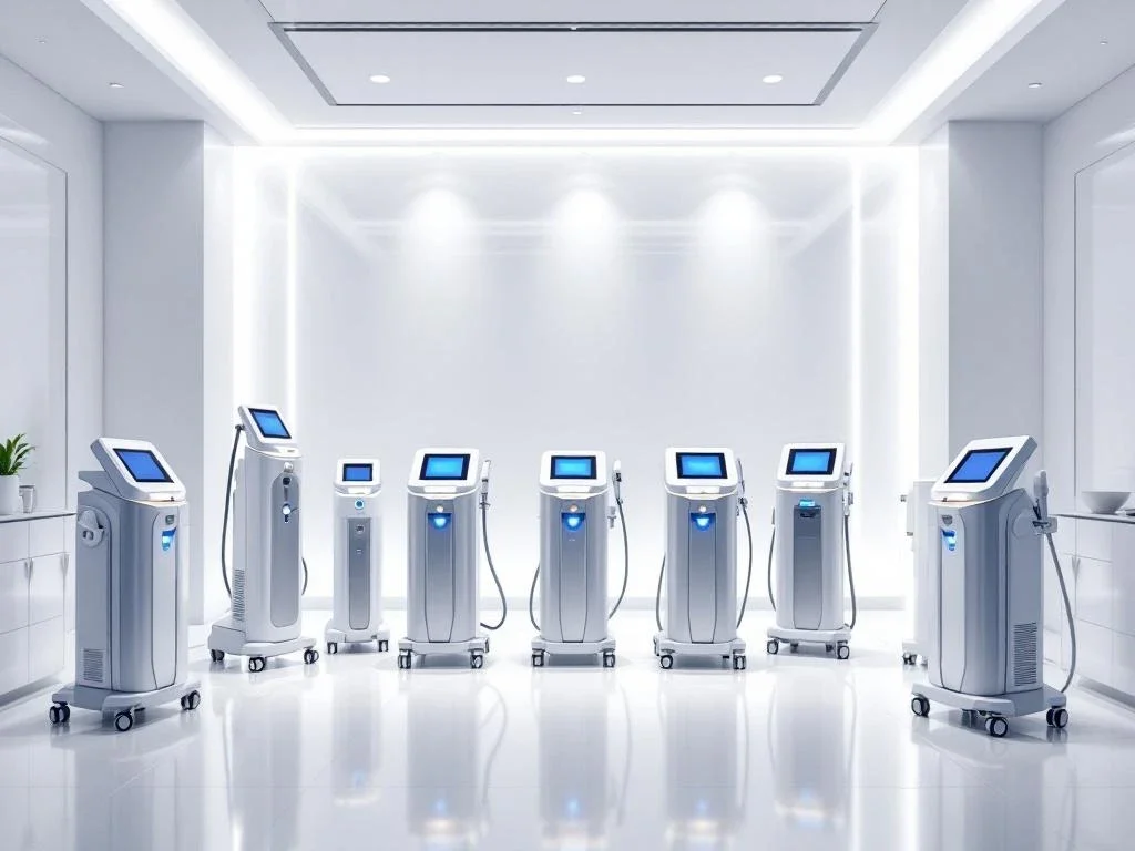 Moderne medische kliniek met tien geavanceerde huidverbetering apparaten, laser- en IPL-systemen in elegante opstelling