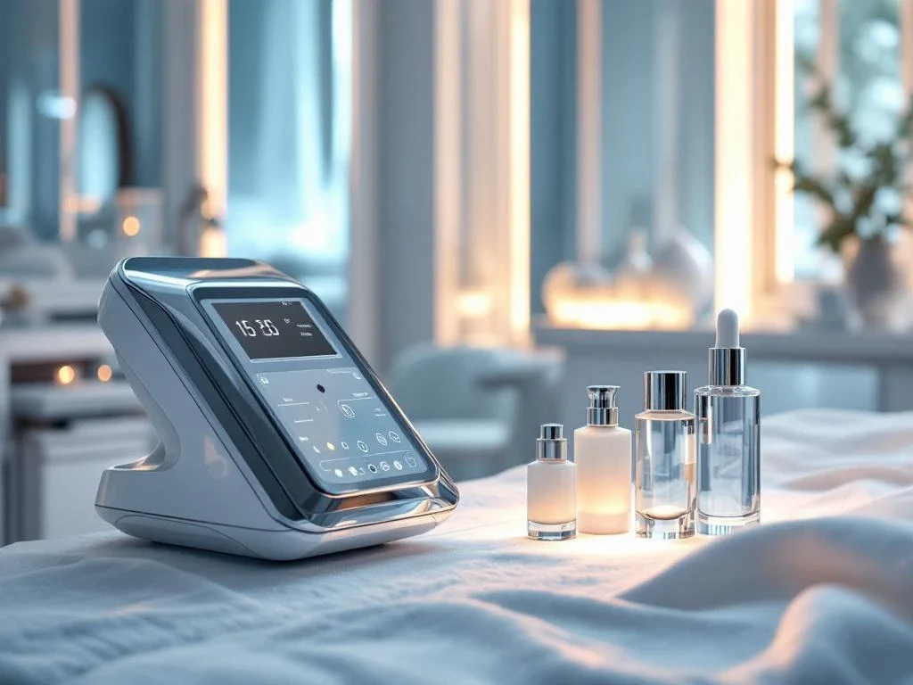 Moderne medische spa behandelkamer met geavanceerde huidverzorgingsapparatuur en LED-displays in wit-blauwe setting