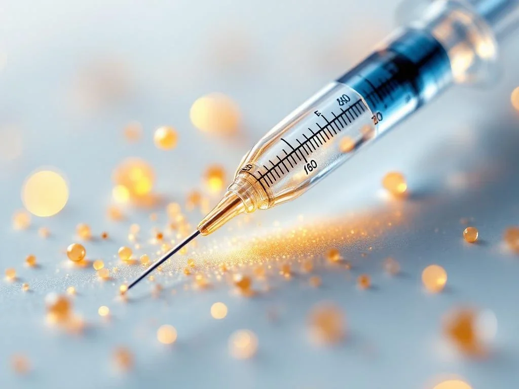 Medische precisie injectiespuit met maatstreepjes en gouden deeltjes op steriele witte achtergrond
