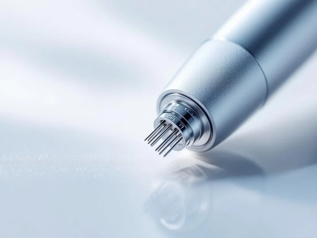 Professioneel microneedling apparaat met verstelbare naalddiepte op medische witte achtergrond voor esthetische behandelingen