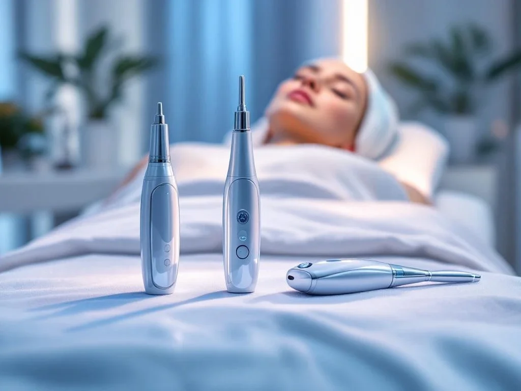 Professionele microneedling en LED-therapie apparatuur in luxe medische schoonheidskliniek behandelkamer