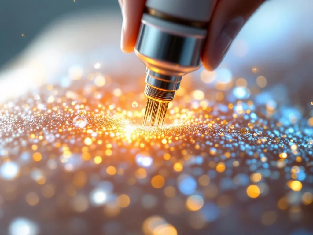 Professionele microneedling apparaat met gouden naalden die huid penetreren, met exosoom deeltjes in klinische setting