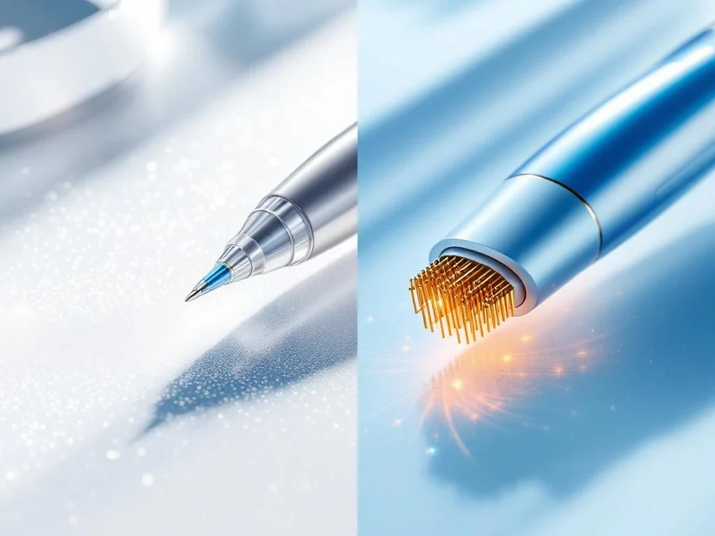 Twee geavanceerde huidverzorgingsapparaten: traditionele microneedling pen en RF-microneedling apparaat op medisch oppervlak