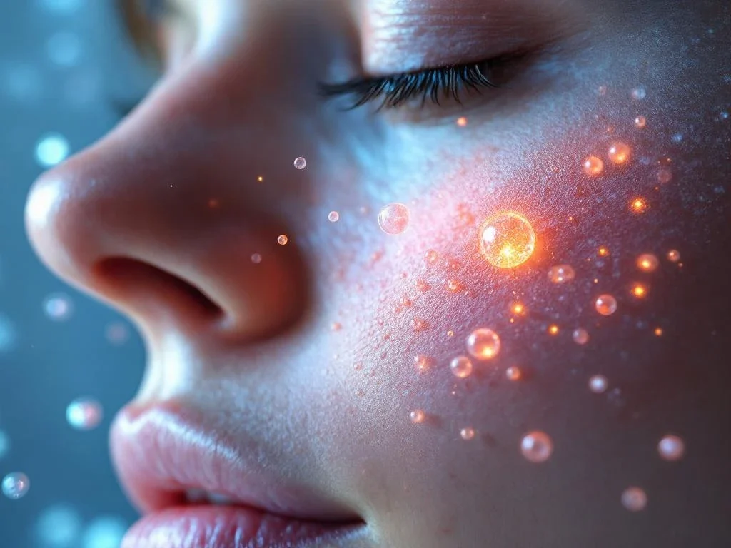 Gezonde huid met psoriasis-patches die genezen, zwevende exosomen als gloeiende bollen, medische doorbraak behandeling