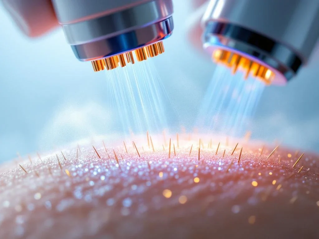 Radiofrequentie microneedling apparaat met gouden naalden die huidlagen penetreren met blauwe RF-energie golven