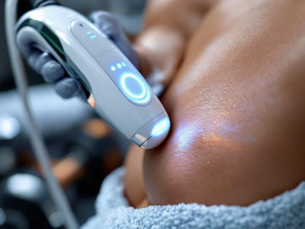 RF-microneedling apparaat met gouden naalden boven gespierde huid, blauwe LED-verlichting, sportuitrusting op achtergrond