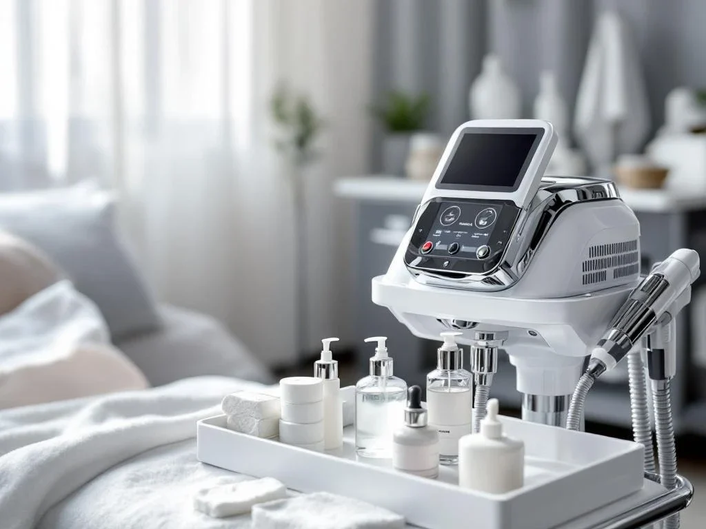 Professionele RF-microneedling apparaat op medische kar in steriele behandelkamer met huidverzorgingsproducten
