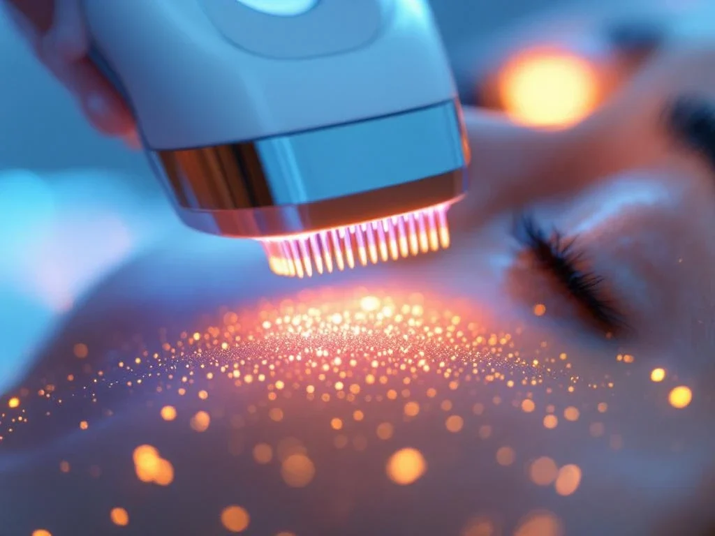 RF-microneedling apparaat met metalen naaldjes boven huid, blauwe energie-effecten en gouden collageen stimulatie zichtbaar