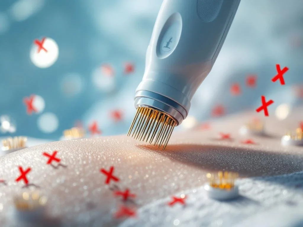 RF-microneedling apparaat met gouden naaldpunten boven huid, waarschuwingssymbolen tonen veelgemaakte behandelfouten