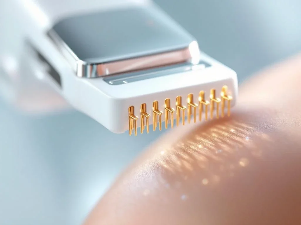 RF-microneedling apparaat met gouden naalden boven huid in steriele medische omgeving