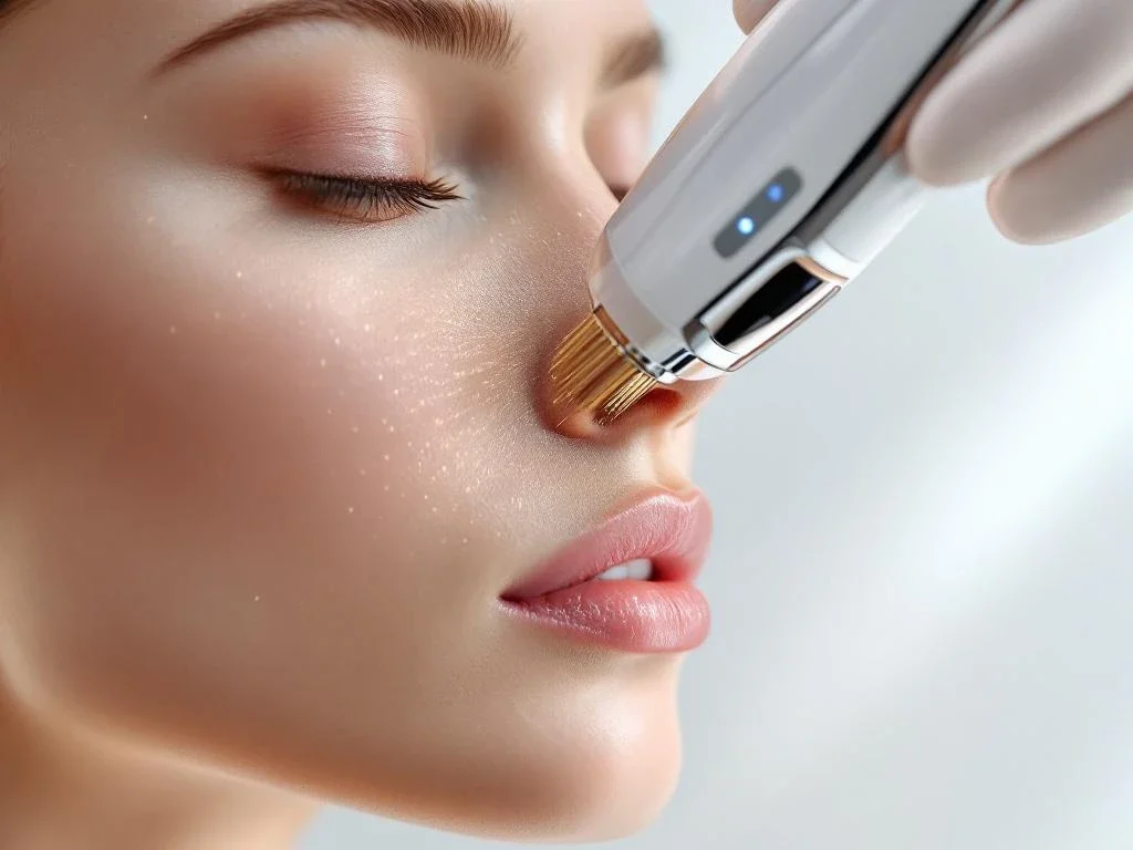 RF-microneedling apparaat met gouden naalden boven gladde huid voor gezichtsbehandeling, medische achtergrond