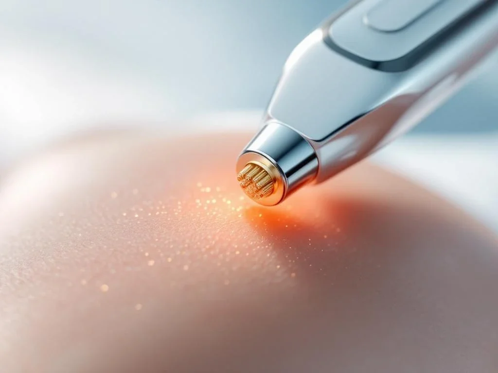RF-microneedling apparaat met gouden naaldpunten boven gladde huid in klinische setting met zachte verlichting