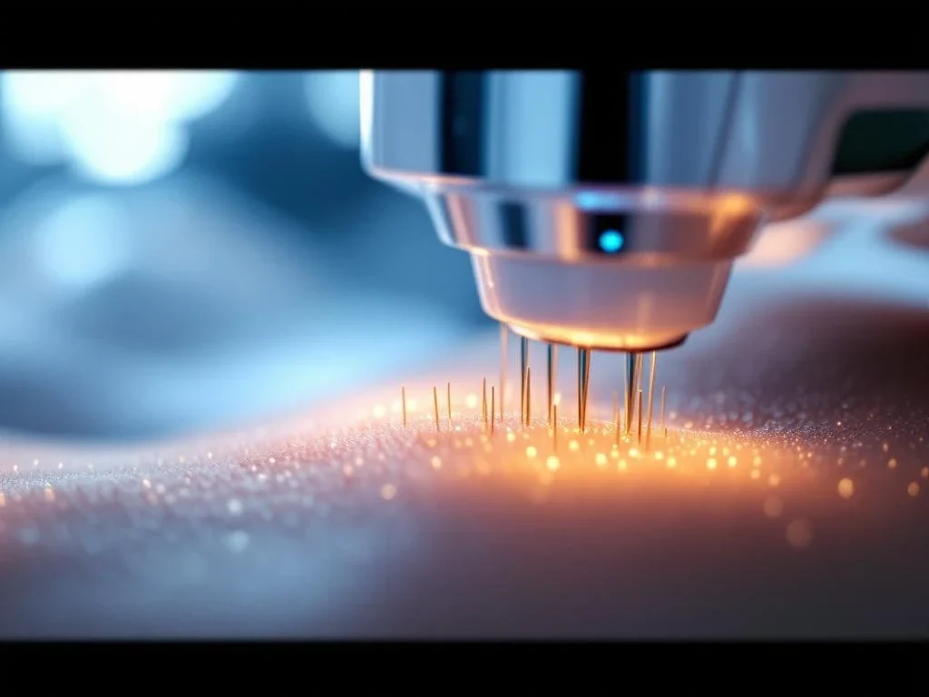 RF-microneedling apparaat met gouden naalden boven gladde huid in moderne medische kliniek omgeving