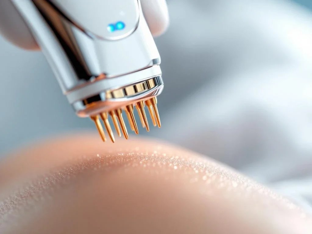 Professioneel RF-microneedling apparaat met gouden naaldpunten boven gladde huid in steriele medische omgeving