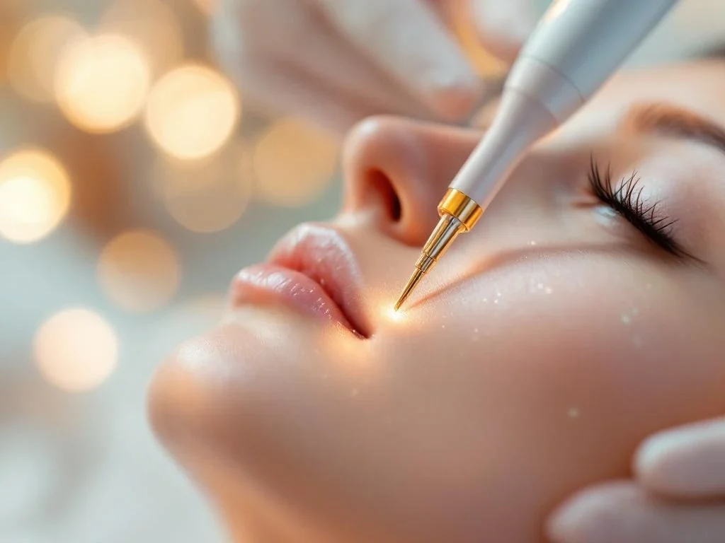 RF-microneedling apparaat met gouden naaldjes boven gladde huid in professionele kliniek met seizoenkalender op achtergrond