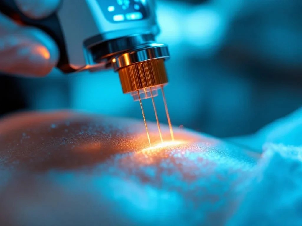 RF-microneedling apparaat met gouden naalden boven stralende huid in professionele medische esthetiek kliniek