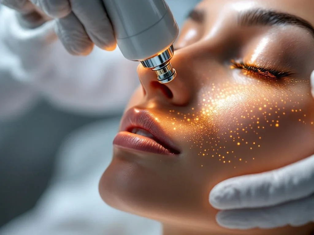 RF-microneedling apparaat met gouden naalden op huid tijdens cosmetische behandeling in klinische setting
