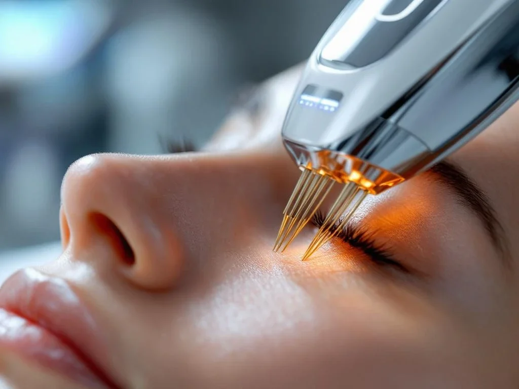 RF-microneedling apparaat met gouden naaldpunten boven gladde huid in professionele medische omgeving
