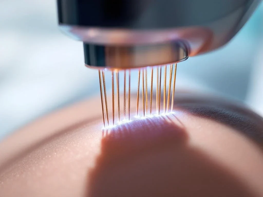 RF-microneedling apparaat met gouden naaldpunten boven huid, blauwe LED-indicatoren, medische esthetiek behandeling