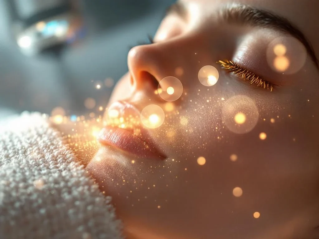 RF-microneedling apparaat met gouden naalden op gladde huid in professionele kliniek met LED-indicatoren