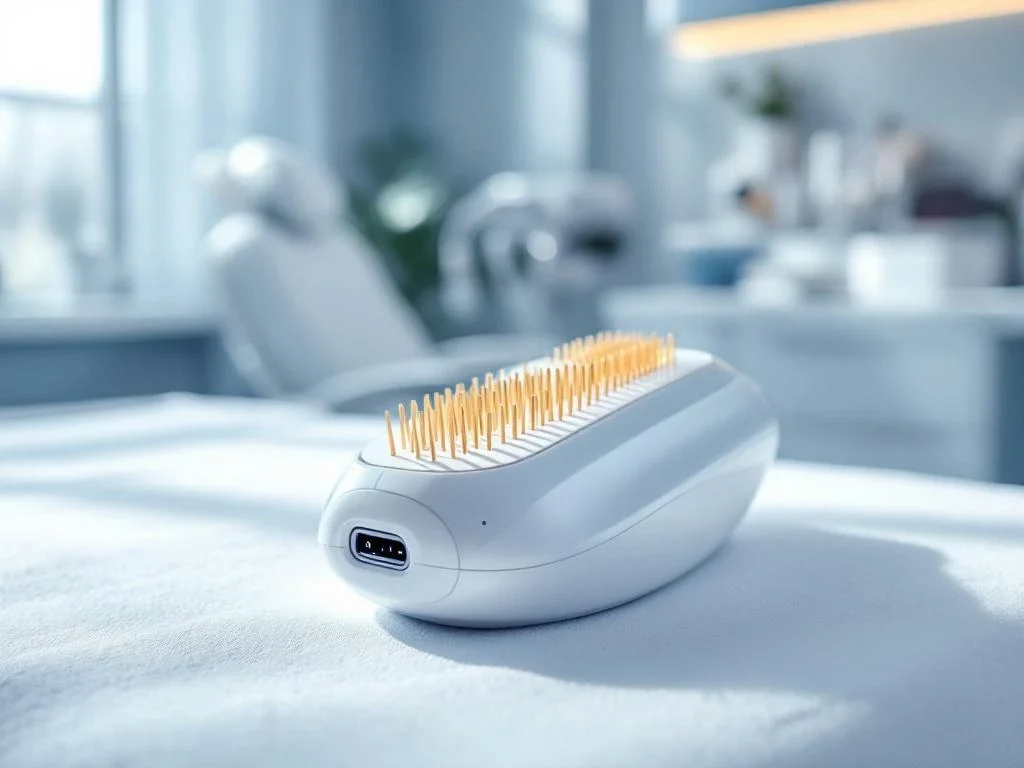 RF-microneedling apparaat met gouden naalden op medische tafel in moderne esthetische kliniek behandelkamer