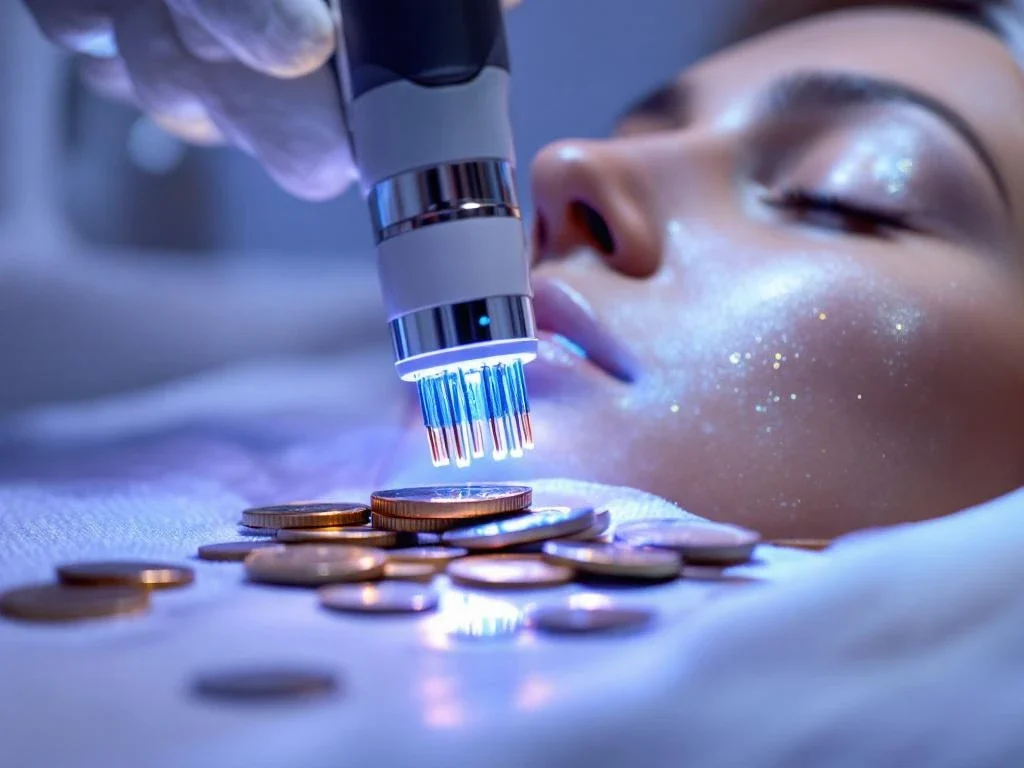 RF-microneedling apparaat met gouden naalden boven huid, euro bankbiljetten op voorgrond in klinische setting