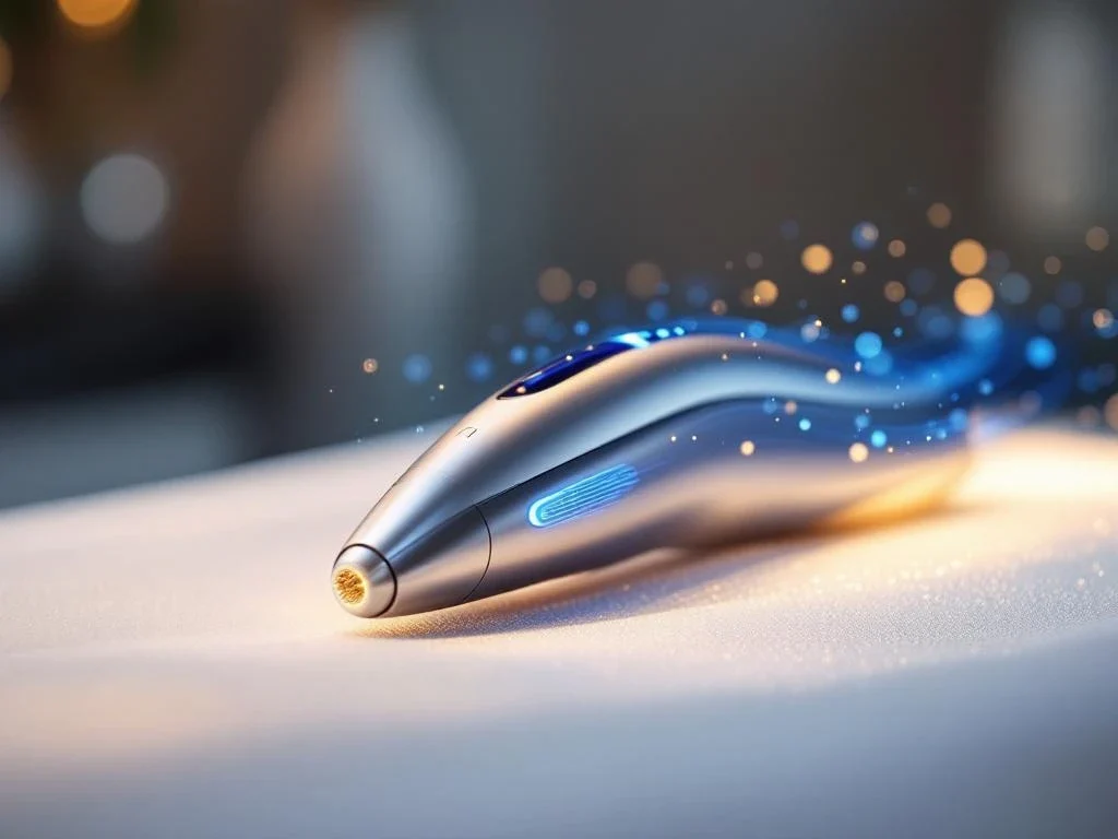 RF-microneedling apparaat met gouden naalden en blauwe energiegolven op witte medische ondergrond