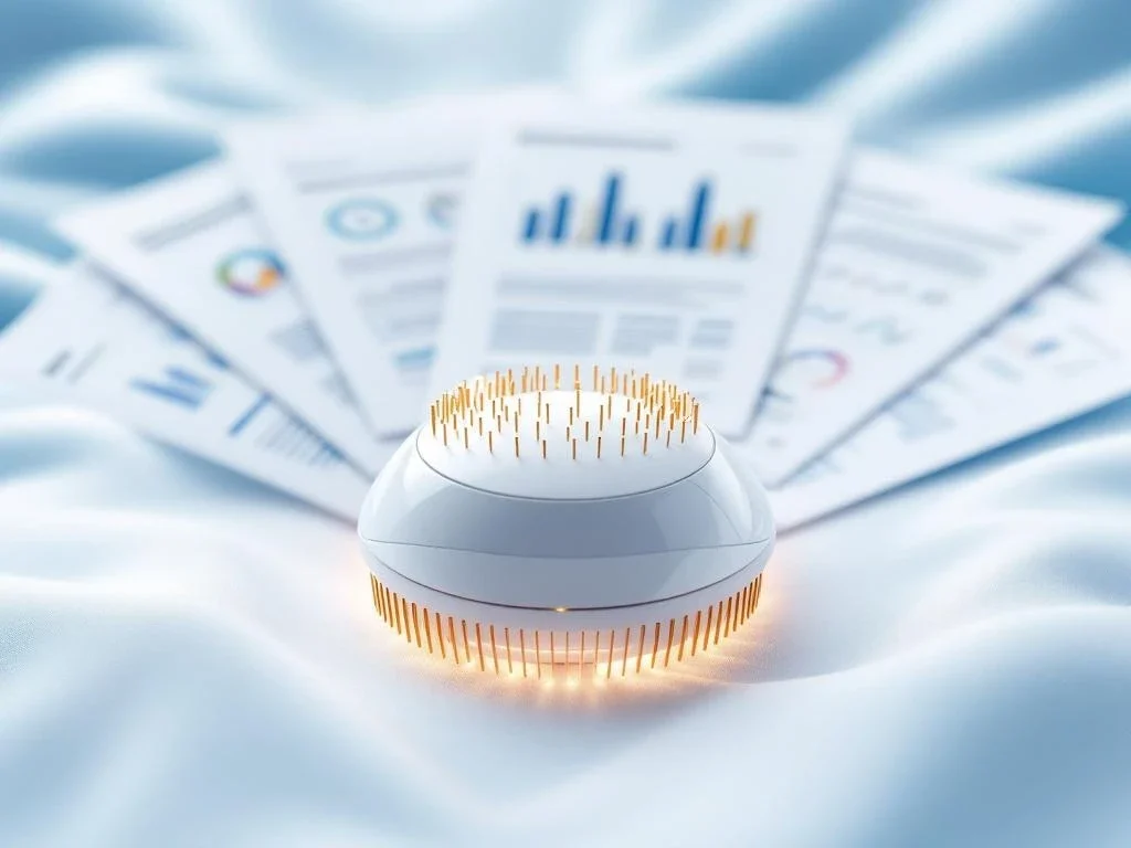 RF-microneedling apparaat met gouden naalden op medisch oppervlak, onderzoekspapieren met grafieken op achtergrond