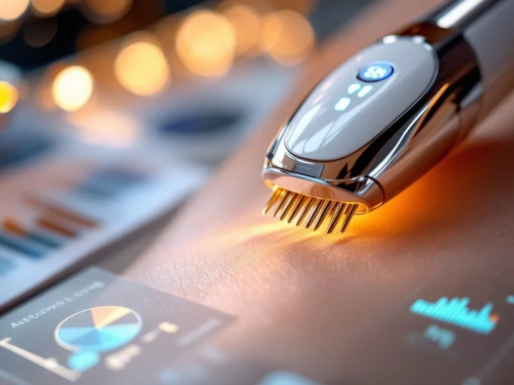 RF-microneedling apparaat met gouden naalden op huid, medische LED-indicatoren en marketingmaterialen op achtergrond