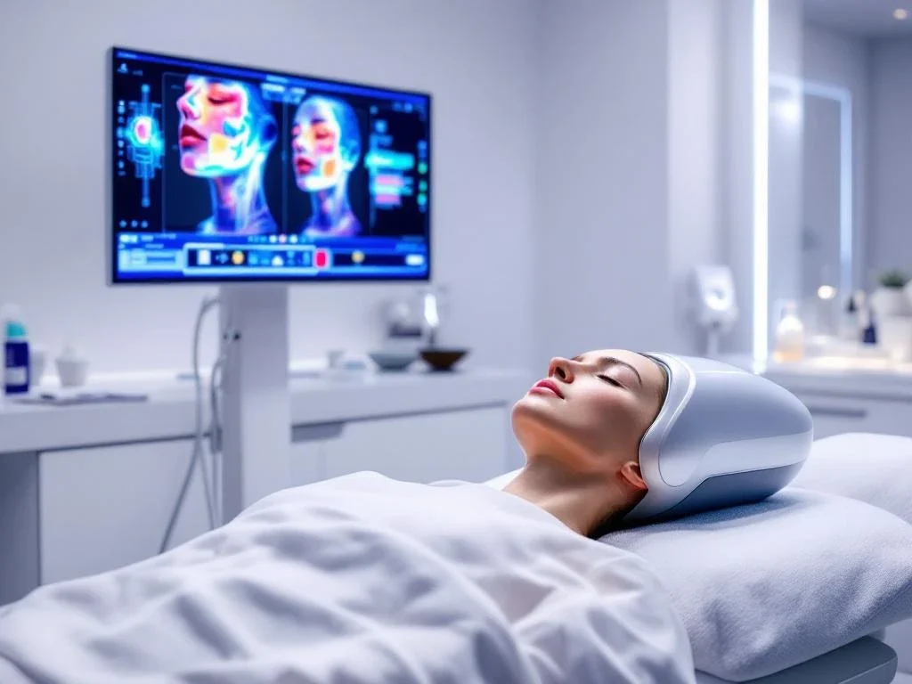 Moderne dermatologiekliniek met RF-microneedling apparaat en digitale huidanalyse scherm op behandeltafel