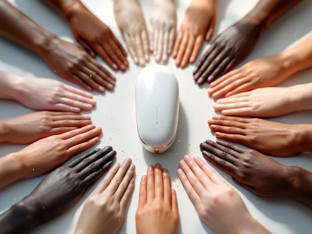 Scarlet S RF microneedling apparaat op witte ondergrond omringd door diverse huidtintstalen in cirkel