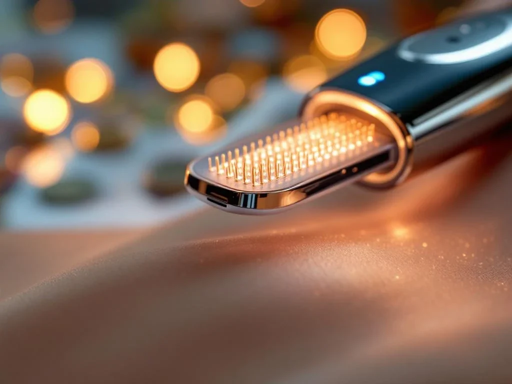 RF-microneedling apparaat met gouden naalden op huid, LED-indicatoren zichtbaar, eurobankbiljetten op achtergrond