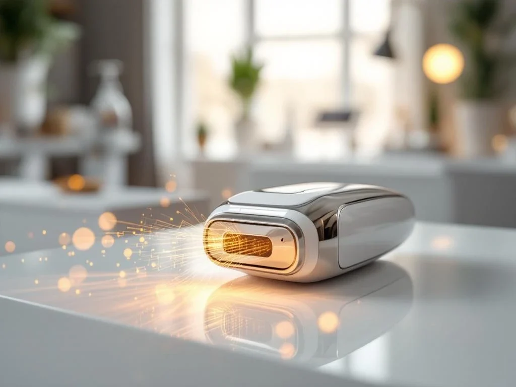 RF-microneedling apparaat met gouden energiegolven op klinische tafel in moderne esthetische kliniek