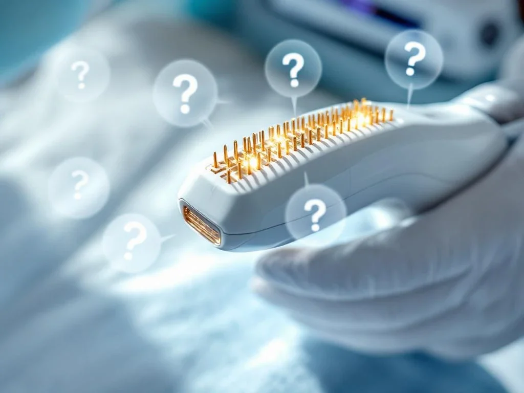 RF-microneedling apparaat met gouden naalden op medische achtergrond, omringd door mythes-bubbels met vraagtekens