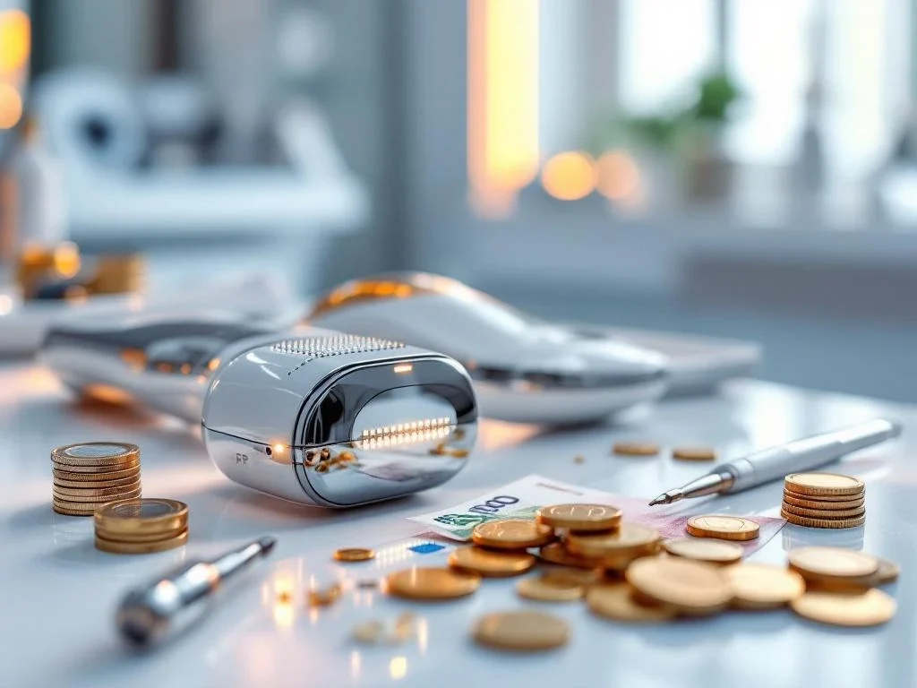 RF-microneedling apparaat met gouden naalden op medische tafel, omringd door onderhoudsmiddelen en eurobankbiljetten