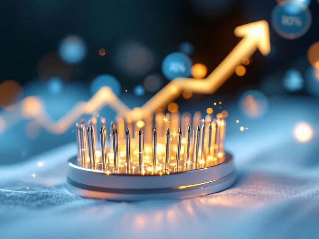 RF-microneedling apparaat met gouden elektrische stromen tussen naalden, ROI-symbolen op achtergrond