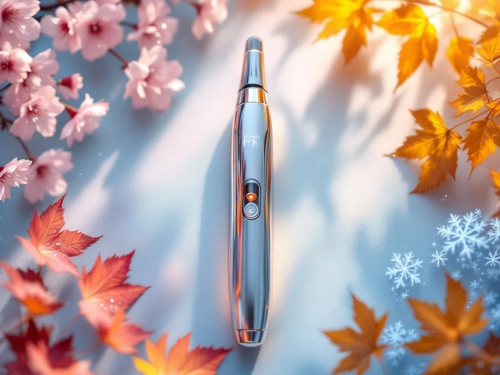 RF microneedling apparaat op medische tafel omringd door seizoenselementen: bloesem, zonlicht, bladeren, sneeuw