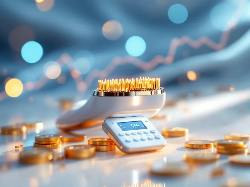 RF-microneedling apparaat met gouden naaldpunten omringd door munten en winstgrafieken op medische ondergrond