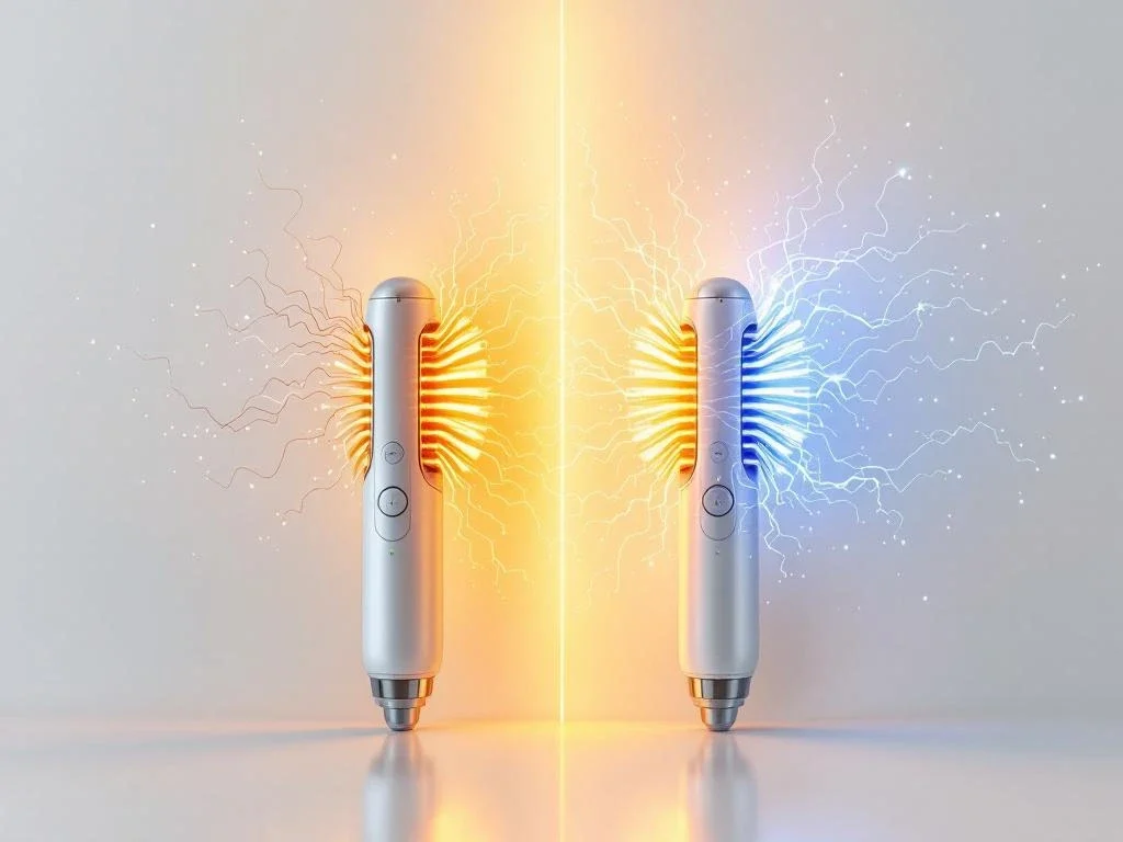 Twee RF microneedling apparaten met gouden continue en blauwe gepulseerde energiegolven op medische achtergrond