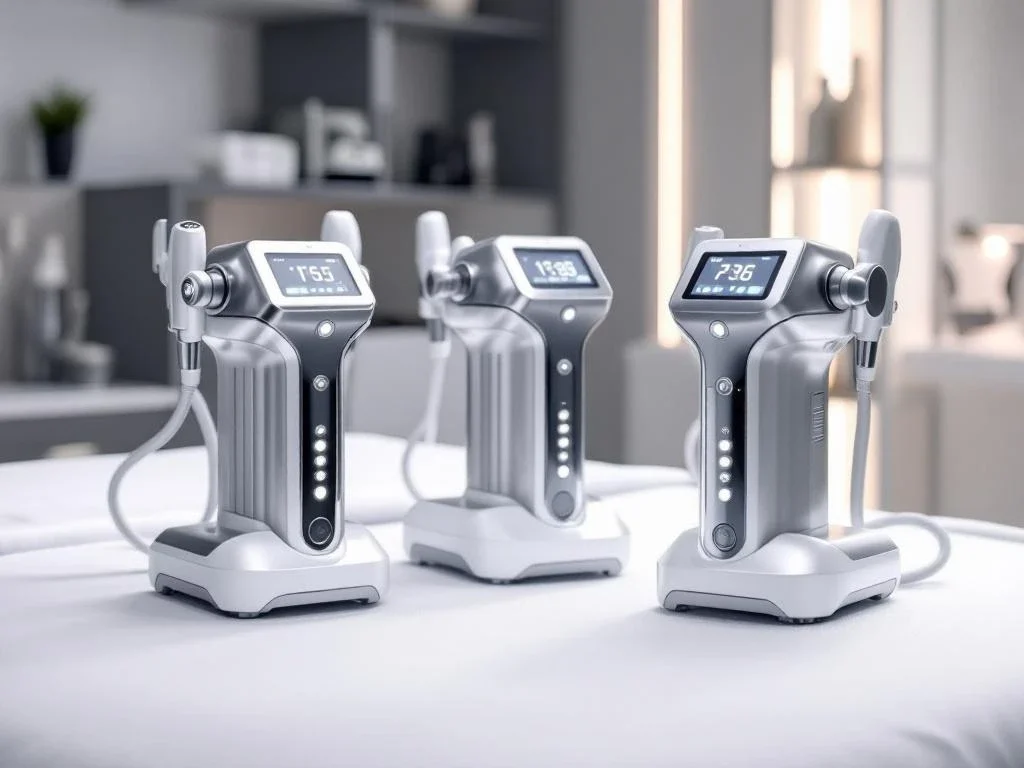 Drie RF-microneedling apparaten op behandeltafel in moderne esthetische kliniek met professionele medische uitrusting