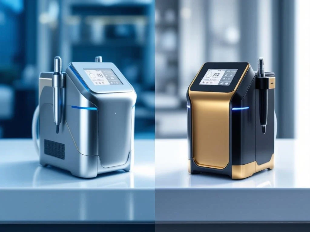 Twee geavanceerde RF-microneedling apparaten op medische tafel in esthetische kliniek met professionele verlichting