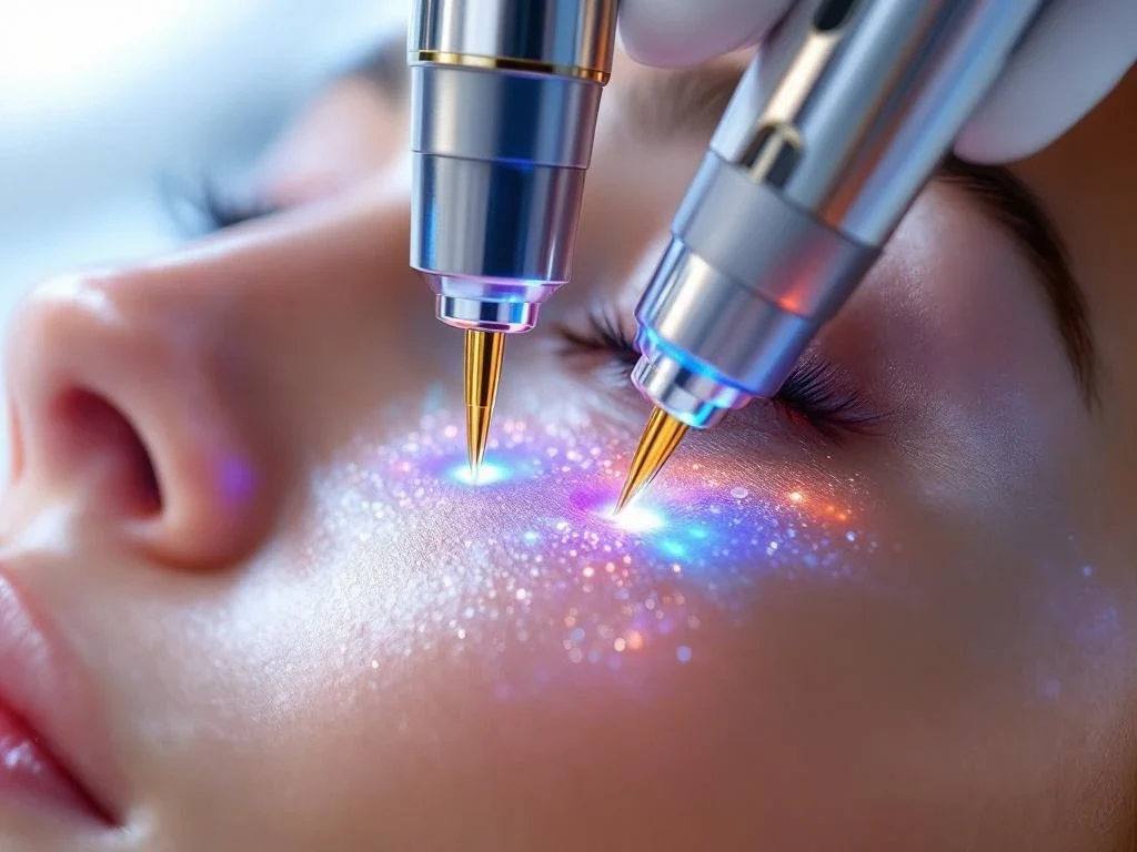 RF-microneedling apparatuur met gouden naalden op huid, blauwe radiofrequentie-energie zichtbaar in klinische setting