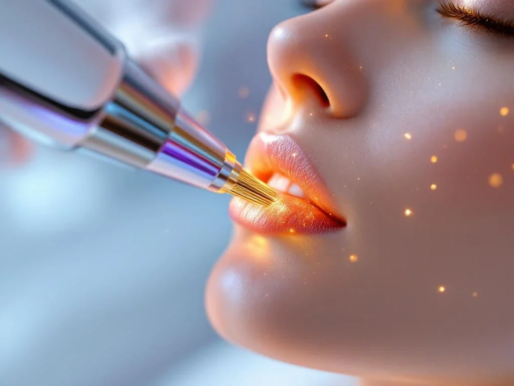 RF-microneedling apparaat met gouden naalden behandelt huid onder klinische verlichting voor huidverjonging