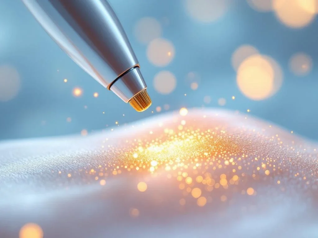 RF-microneedling apparaat met gouden naalden boven gladde huid, gouden lichtdeeltjes tonen technologie in werking